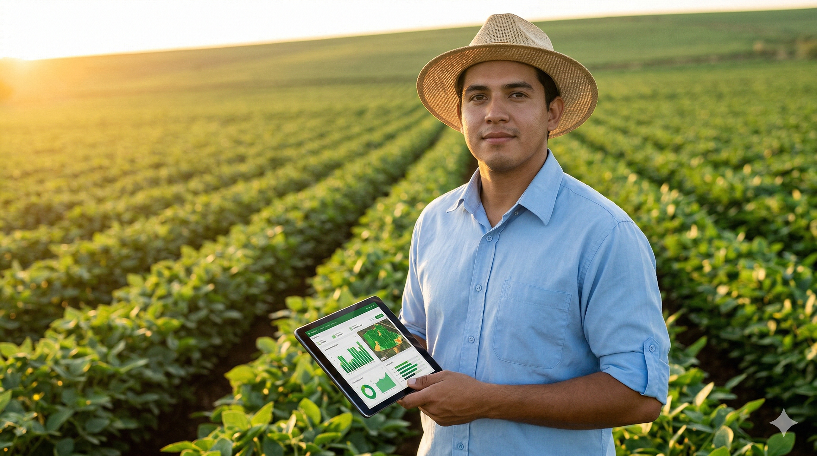 Farmer using DroidFarm tablet in soybean field