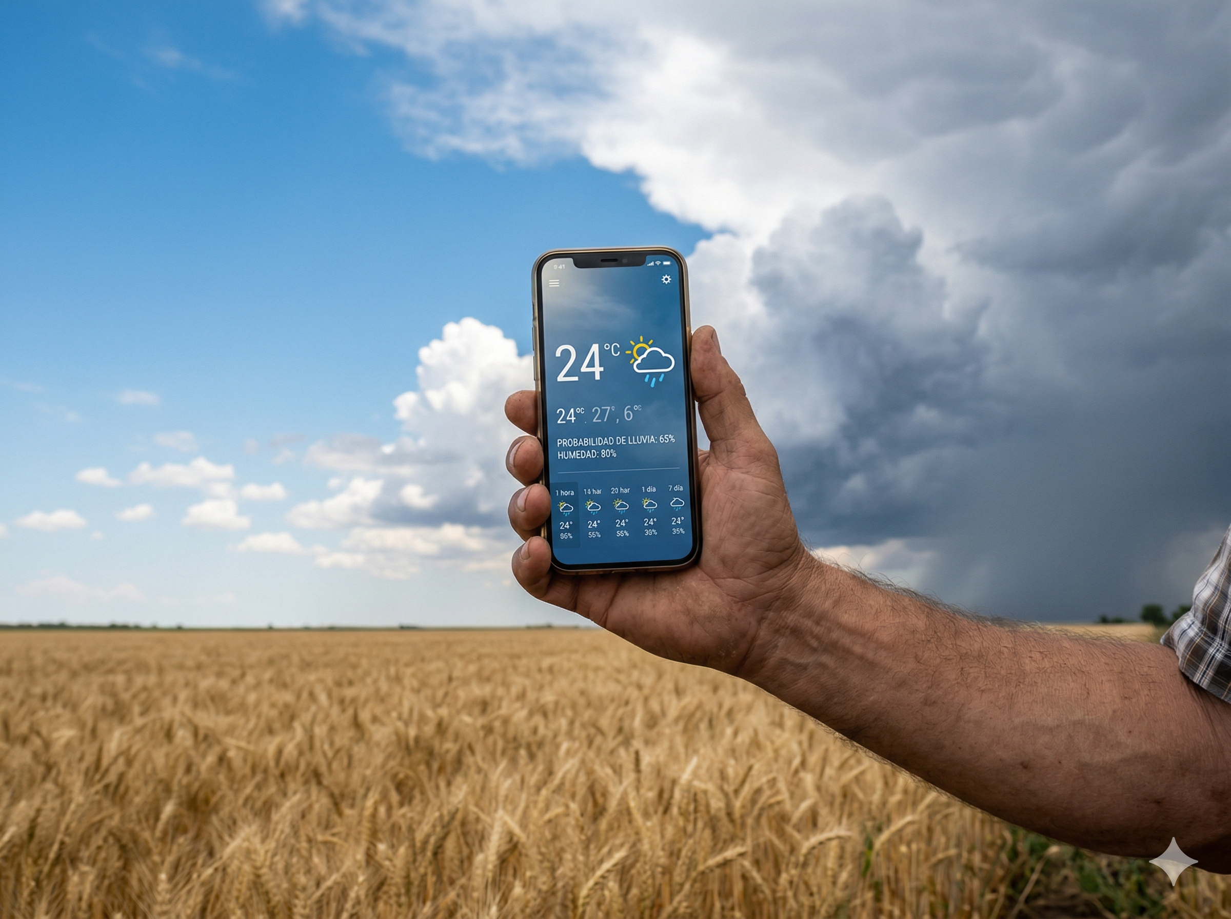 Checking weather forecast in wheat field
