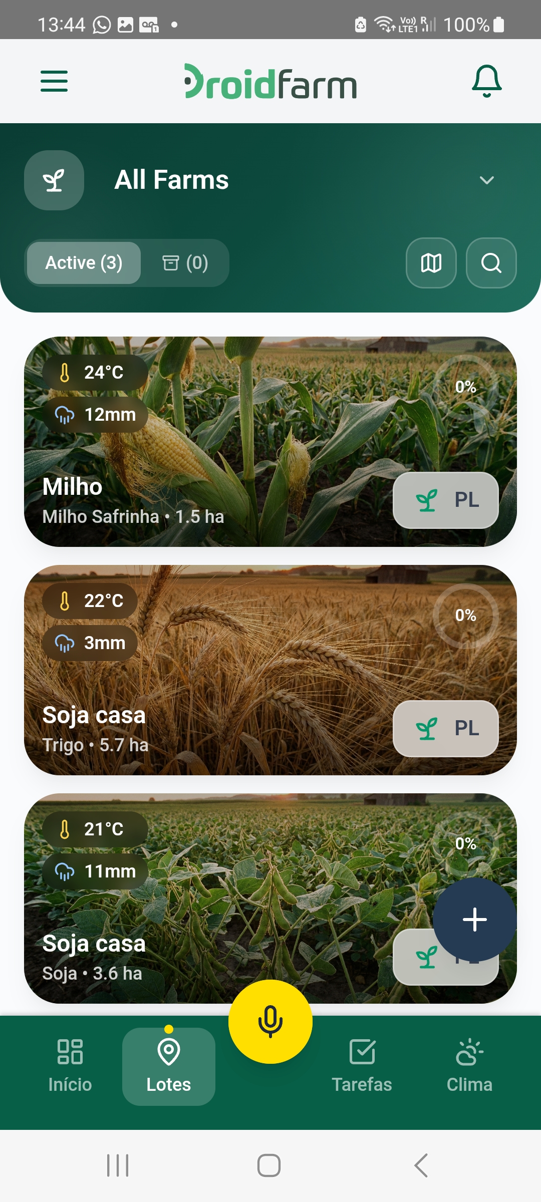 Fields list with weather data